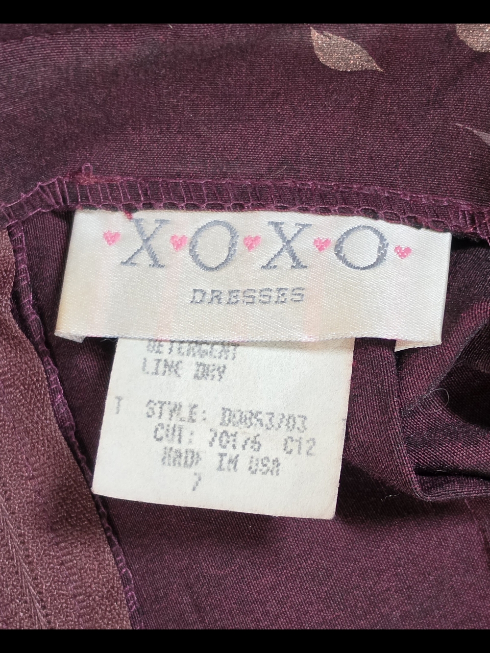 90s Vintage XOXO Floral Midi Dress Juniors 7 Plum Gold Floral w/ Square Neck - Picture 7 of 11